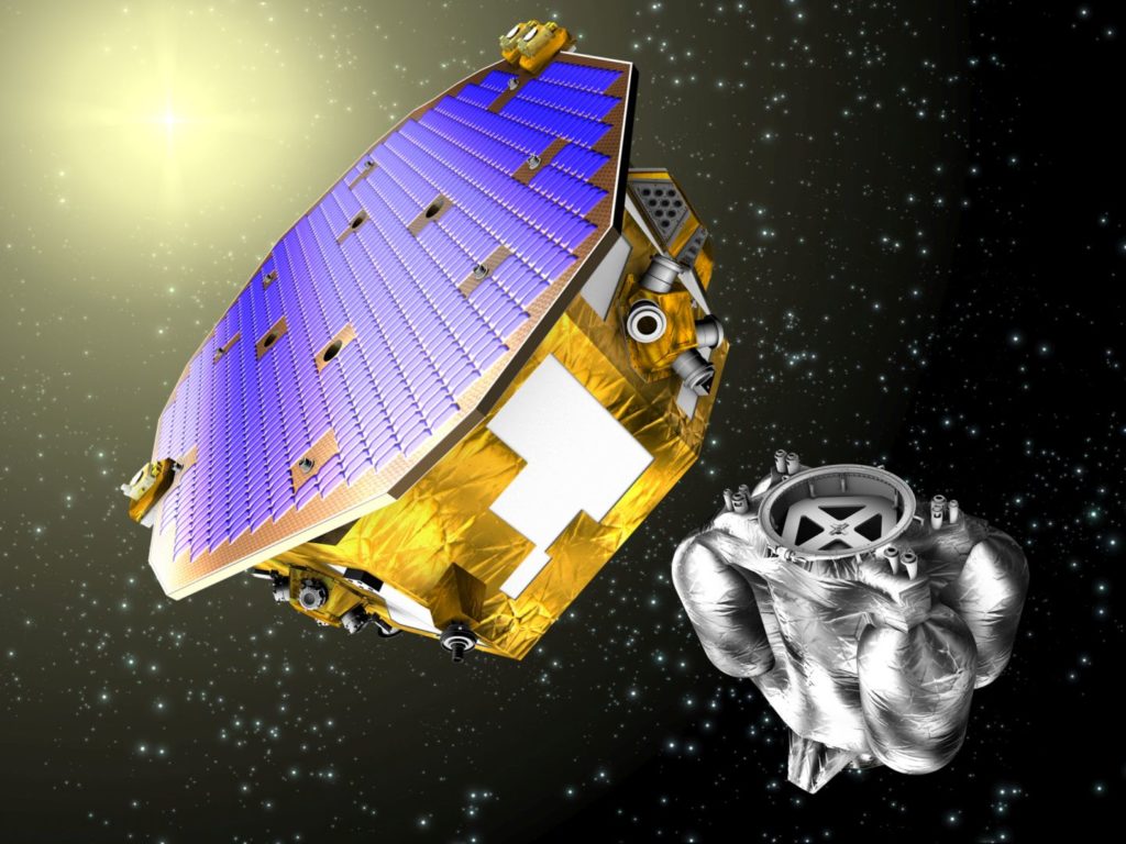 The LISAPathfinder spacecraft separates from its propulsion module as it arrives at its destination orbit located at the L1 Lagrange point.